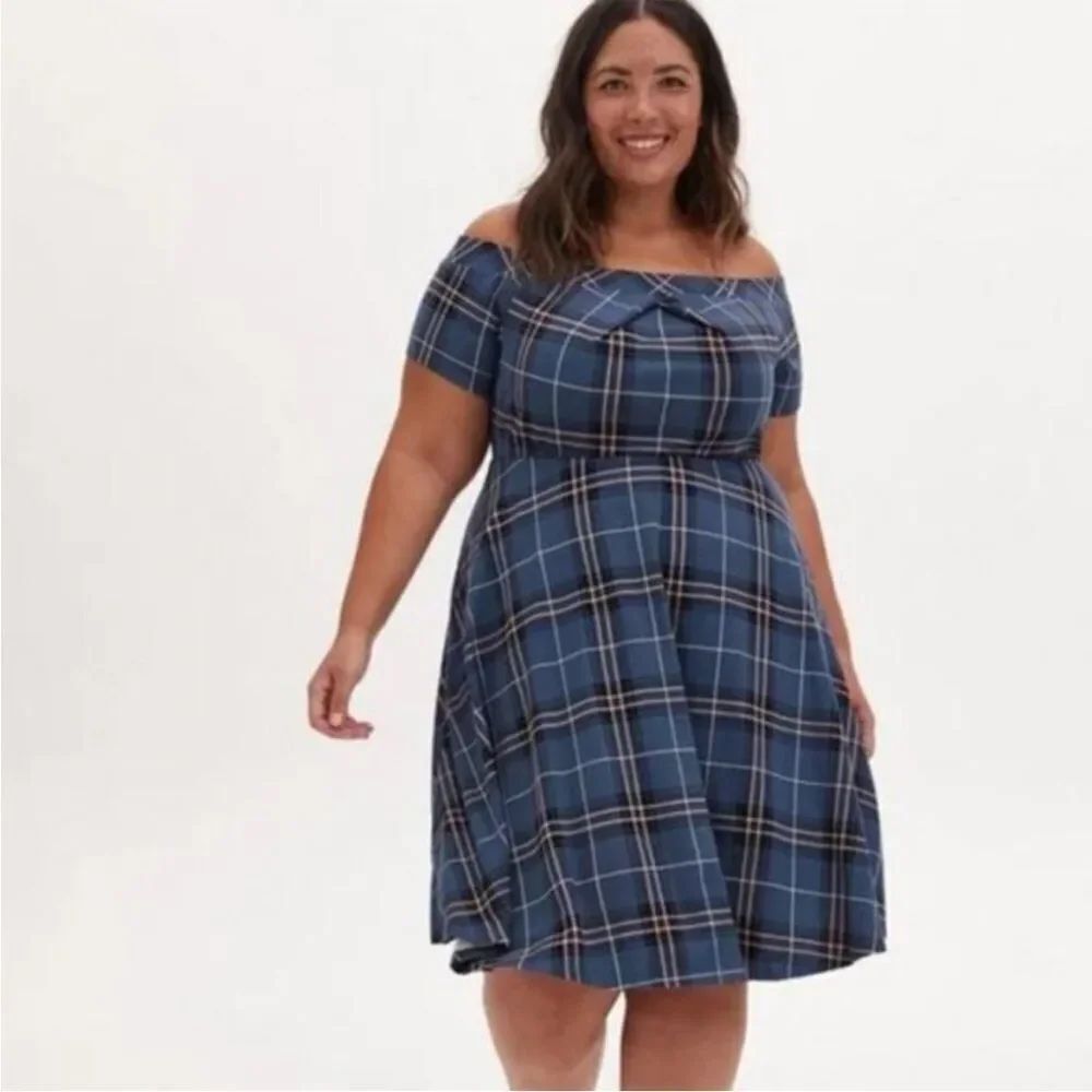 Torrid Off The Shoulder Plaid Design Blue Modern Pullover Dress Event Party